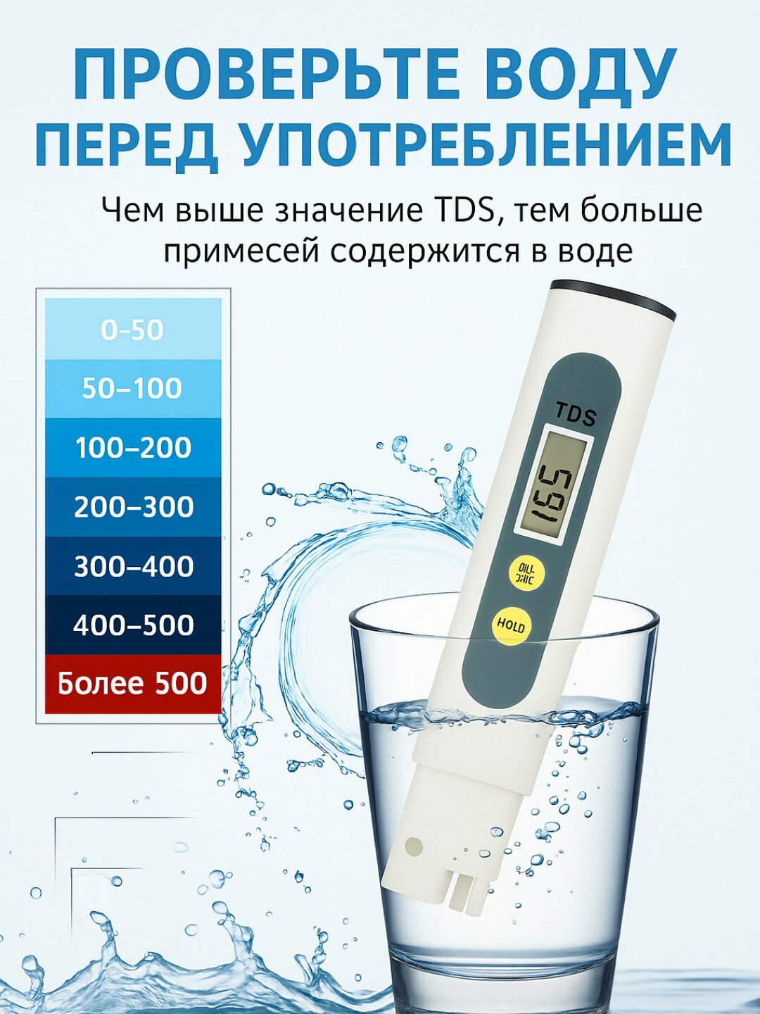 Цифровой измеритель качества воды и температуры воды, TDS&EC meter hold — фото 1