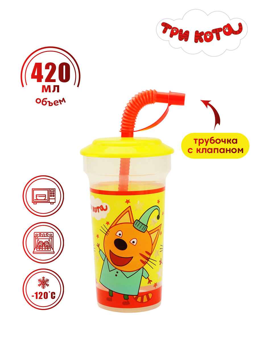 Пластиковый стакан с крышкой Поильник с трубочкой 420 мл Три кота дизайн 2 ND Play