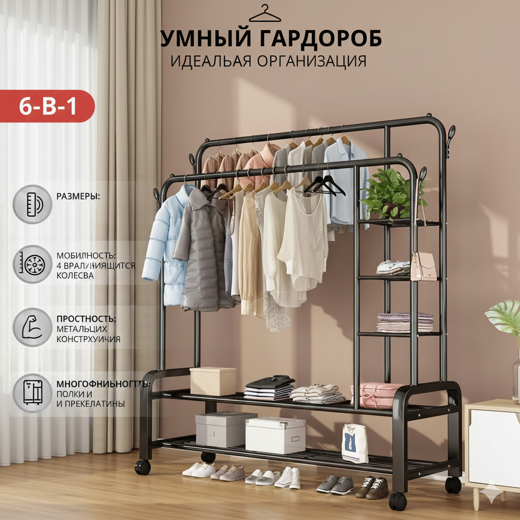 Вешалка для одежды, двухуровневая, напольная, металл, с полочкой, черная