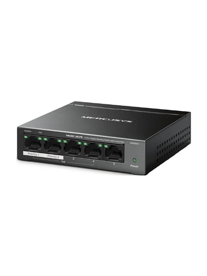 Коммутатор Mercusys MS105GP, неуправляемый, настольный, L2, 4 порта PoE