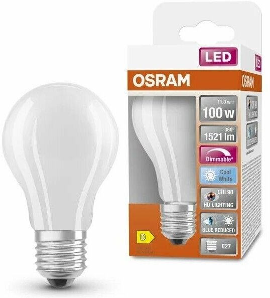 Лампочка светодиодная Osram 11W=100W 220V E27 Груша матовая A 1521Лм Диммируемая Филаментная 4000K упаковка 1шт.