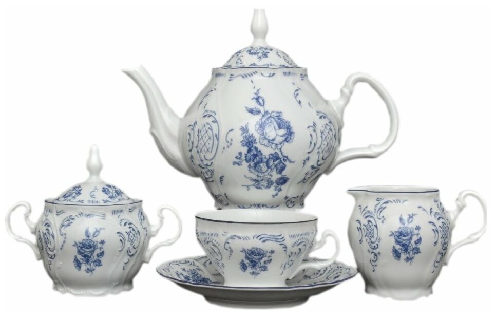Чайный сервиз на 6 персон 15 предметов Thun "Бернадотт /Синие розы" (чашка 220 мл увел. ручка) / 153394