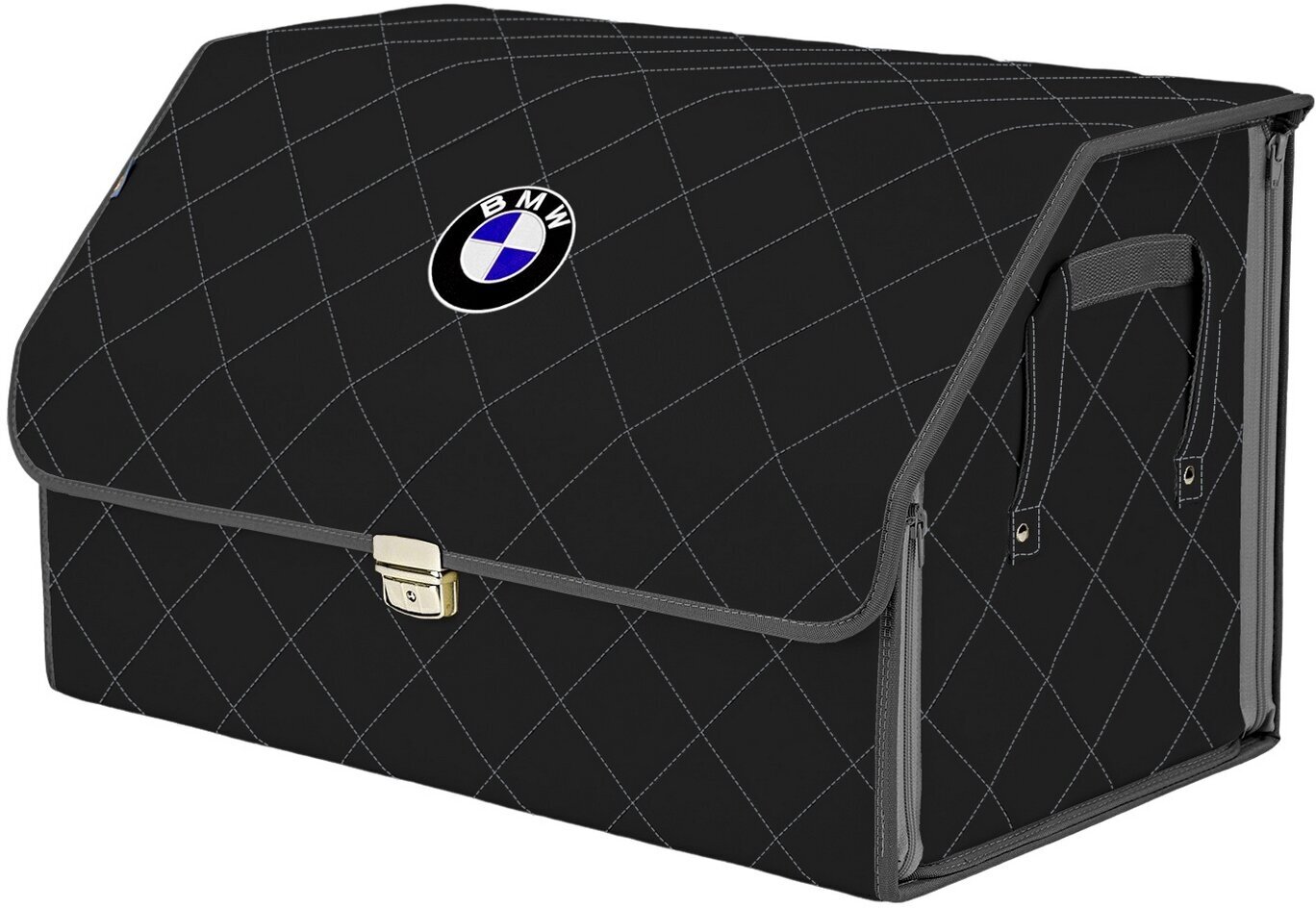 Органайзер-саквояж в багажник "Союз Премиум" (размер XL). Цвет: черный с серой прострочкой Ромб и вышивкой BMW (БМВ).