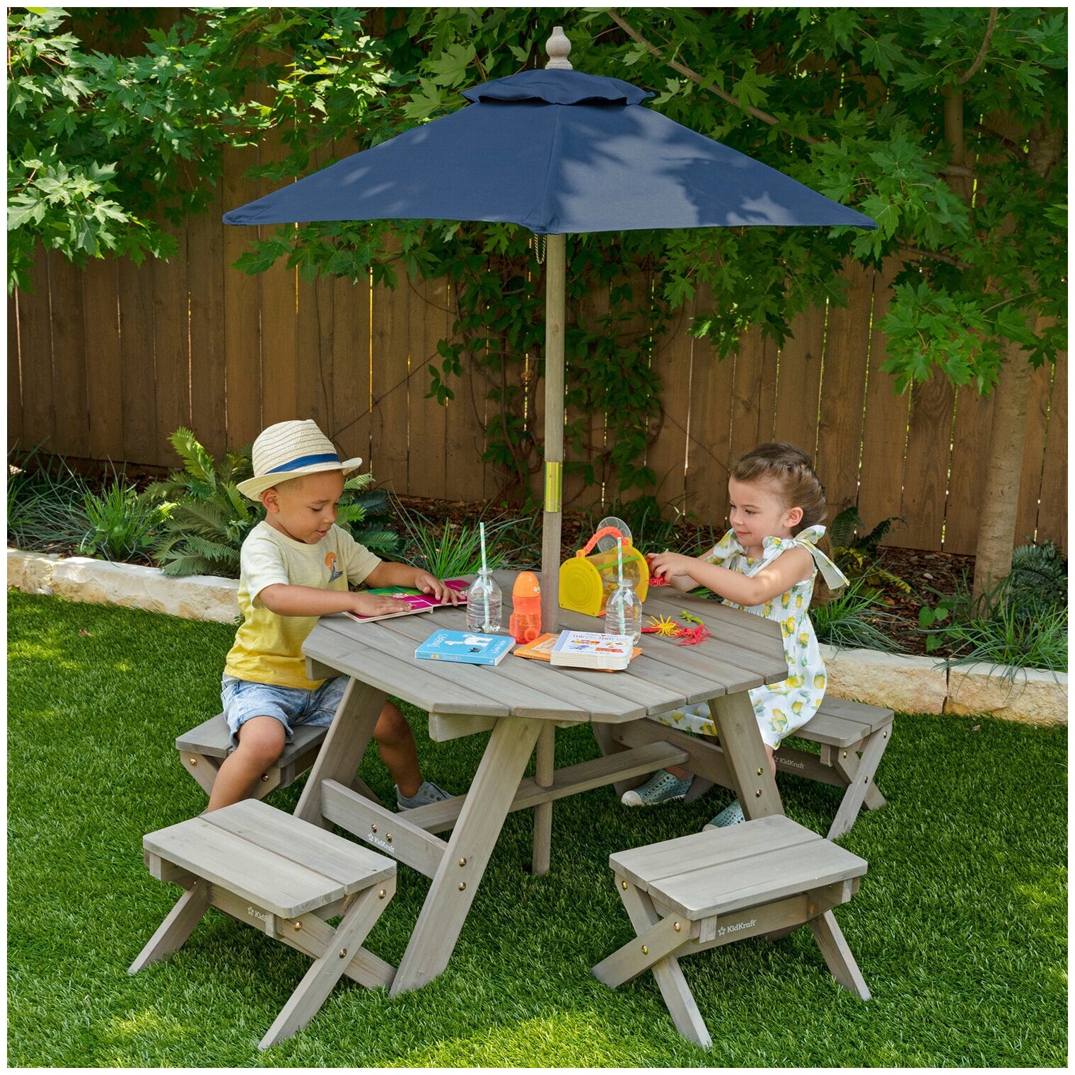 Детская садовая мебель (4 скамьи стол-пикник зонт) серо-синий