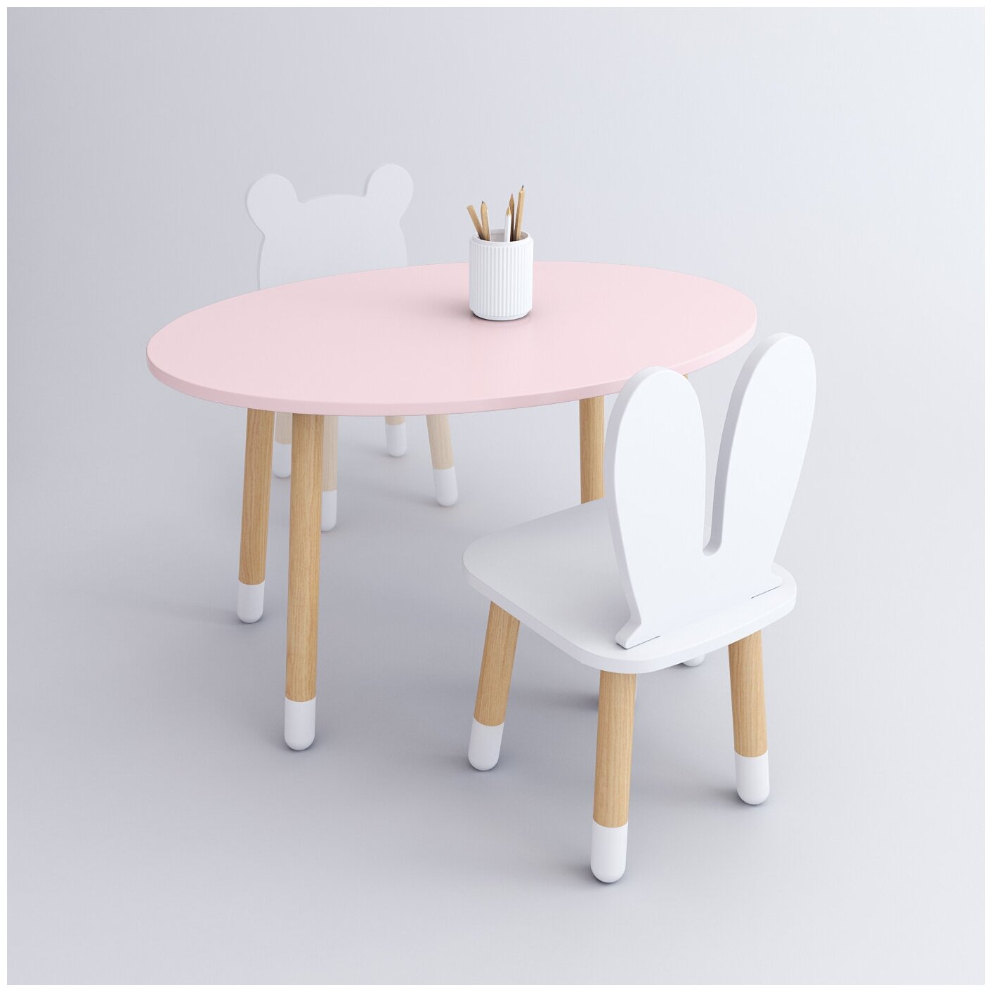 Комплект детской мебели DIMDOMkids, стол "Овал" розовый + стул "Зайка" белый