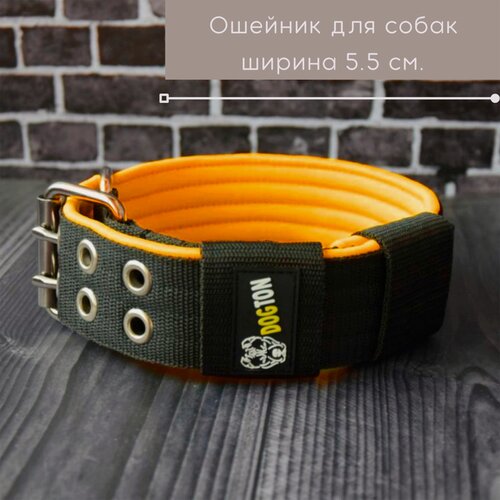 Изображение товара Ошейник для собак средних и крупных пород, широкий. Ширина 5 см. Обхват 35-47 см. Черный с оранжевым. Усиленная пряжка.