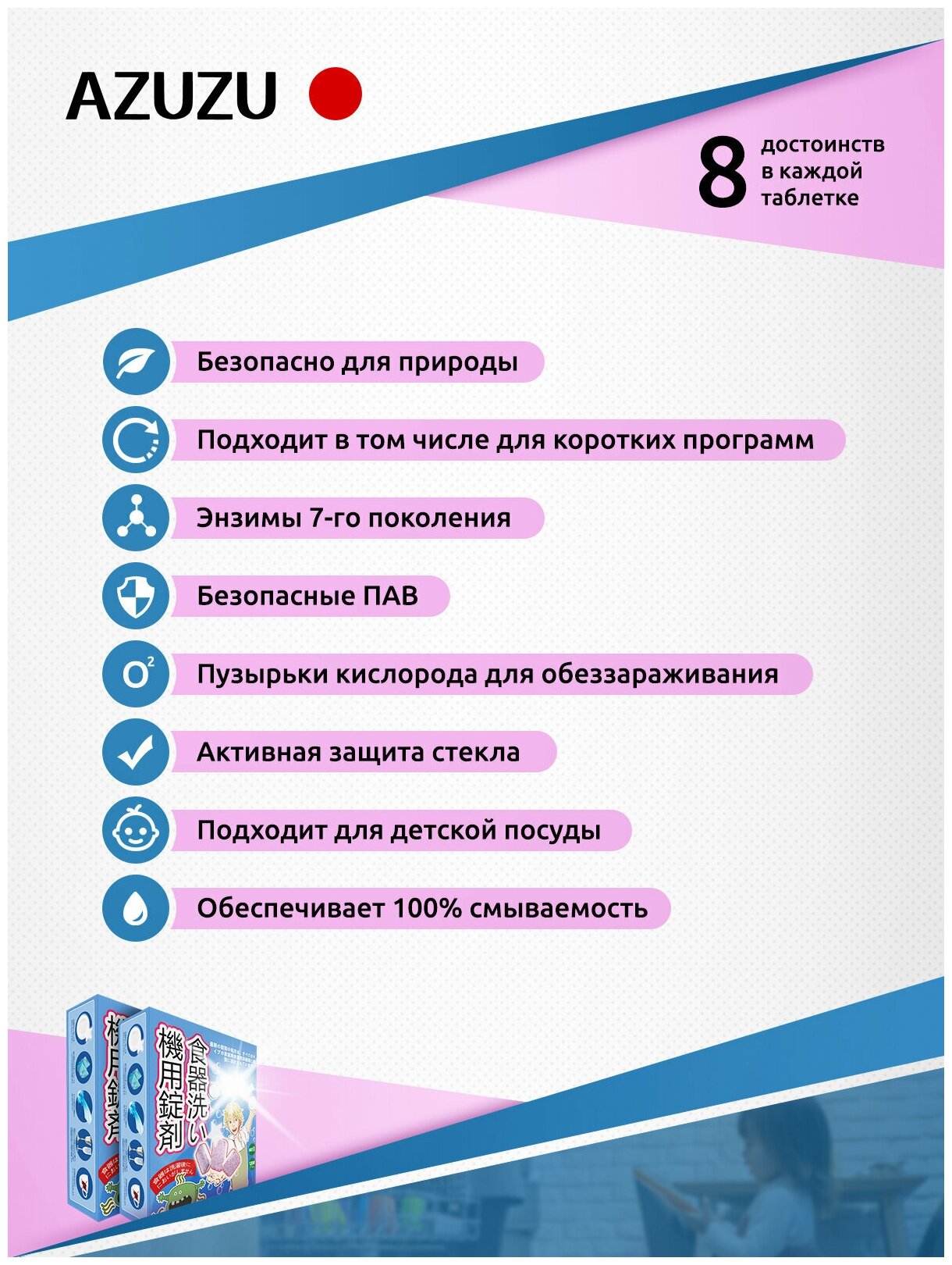 Таблетки для мытья посуды в посудомоечной машины Azuzu 60 шт. Японские стандарты безопасности — фото 1