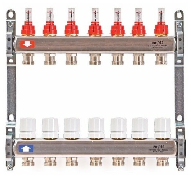 Коллекторная группа на 7 выходов 1'х3/4" ЕК UNI-FITT из нержавейки с расходомерами
