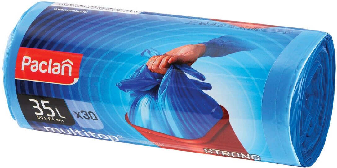 Мешки для мусора, 35 л, с ушками, синие, рулон 30 шт, ПНД, 10,5 мкм, 50х64 см, PACLAN "Multitop"