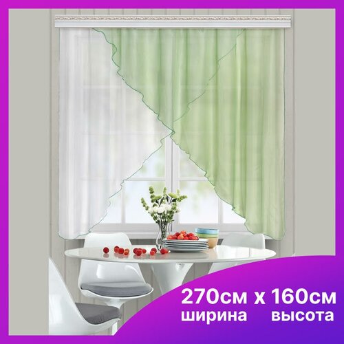 Тюль для кухни короткая на шторной ленте. Занавеска цветная арка 160х270. Гардина вуаль комбинированная белый / зеленый
