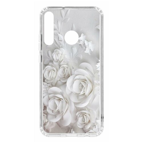 фото Чехол на huawei p40 lite e kruche print white roses/накладка/с рисунком/прозрачный/бампер/противоударный/ударопрочный/с защитой камеры кruче