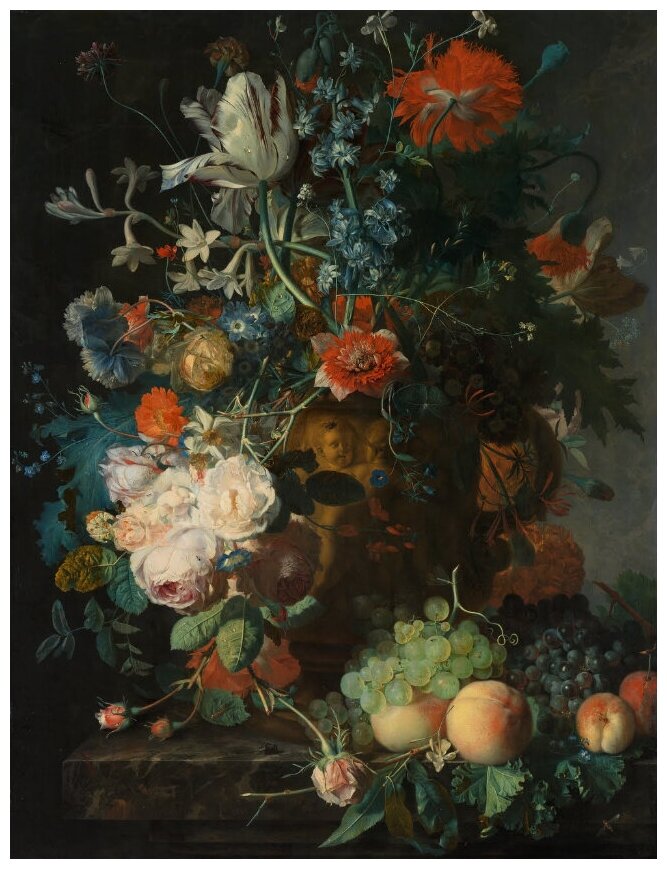 Репродукция на холсте Натюрморт с цветами и фруктами №3 ван Хёйсум Ян 30см. x 39см.