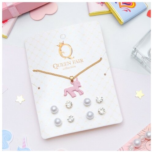 Гарнитур 5 предметов 4 пары пусет кулон Единорог цвет розовый в золоте 43см 32100₽