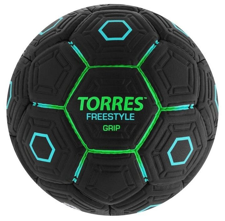 Мяч TORRES "Freestyle Grip", футбольный, размер 5, 32 панели, PU, ручная сшивка, цвет чёрный, зелёный, голубой