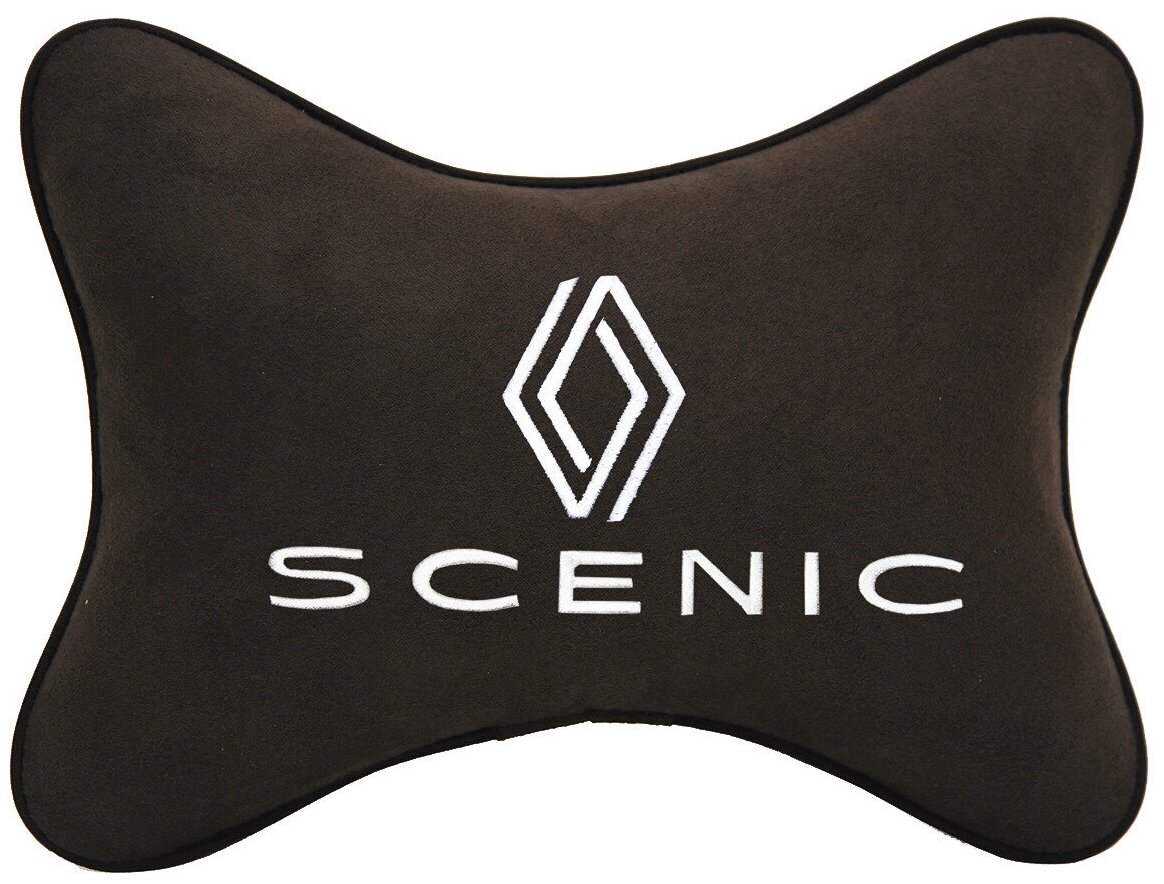 Автомобильная подушка на подголовник алькантара Coffee с логотипом автомобиля RENAULT Scenic