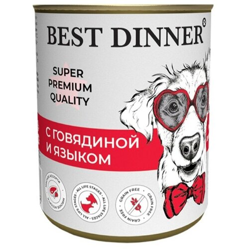 Корм для щенков и собак BEST DINNER Super Premium Мясные деликатесы с 6 мес.,говяд.с язык.банка 340г (упаковка - 12 шт)
