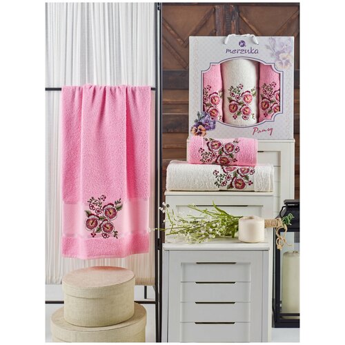 фото Подарочный набор полотенец для ванной 50х90(2), 70х140(1) merzuka pansy хлопковая махра розовый merzuka (турция)