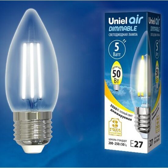 Светодиодная лампа Uniel LED-C35-5W/WW/E27/CL/DIM GLA01TR диммируемая. Форма "свеча", прозрачная. Серия Air. Теплый белый свет (3000K). К