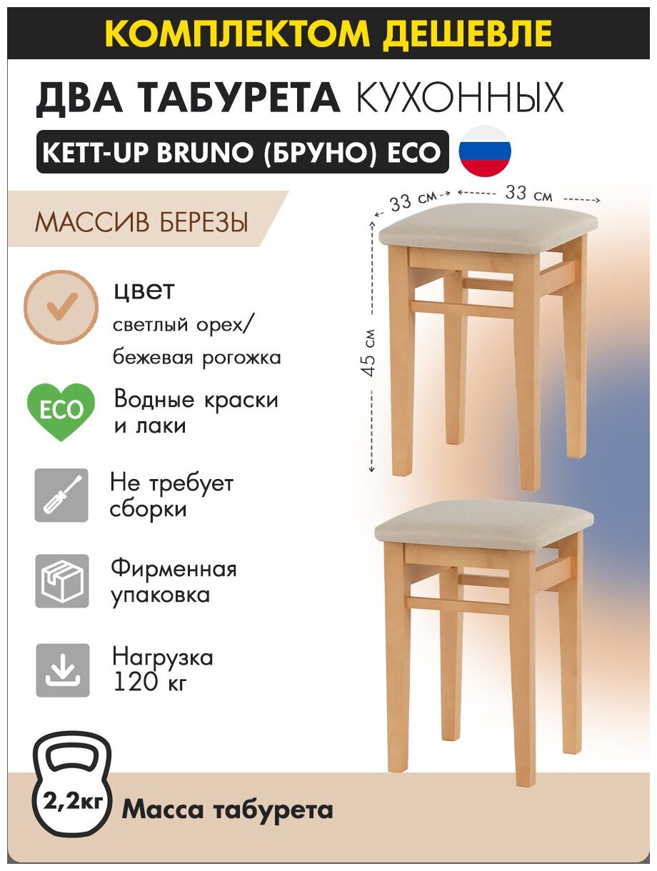 Комплект табуретов (2штуки) KETT-UP ECO BRUNO деревянный, KU298.1П, цвет светлый орех / бежевая рогожка
