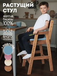 Детский растущий стул деревянный для школьника с синей подушкой