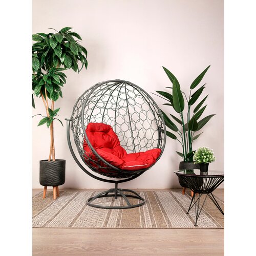 Кресло садовое M-Group круг вращающийся ротанг серый, красная подушка