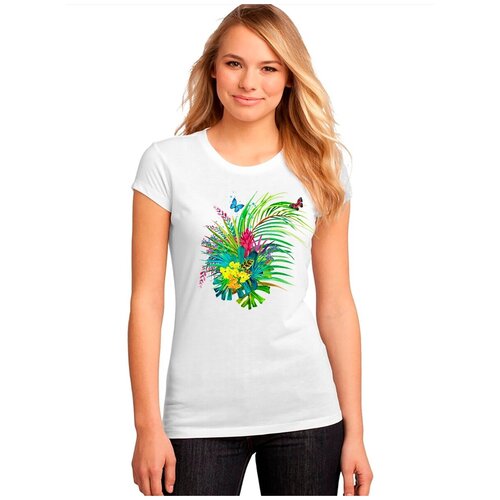 фото "женская белая футболка цветы, растения, бабочки". размер l drabs