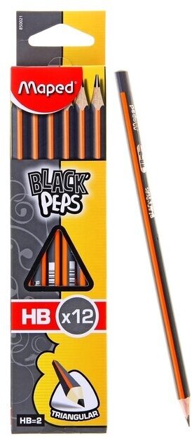 Карандаш чернографитный Maped Black Peps HB, трёхгранный, 12 штук