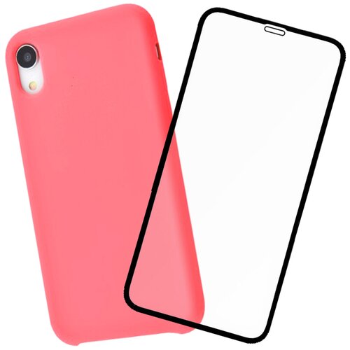 Силиконовый чехол Silicone Case для iPhone XR розовый, комплект со стеклом 3D Tiger Glass