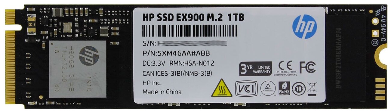 SSD диск M.2 HP 1.0Tb EX900 Series /5XM46AA#ABB/ (PCI-E 3.0 x4, up to 2150/1815MBs, 3D NAND, 500TBW, NVMe, 22х80mm)