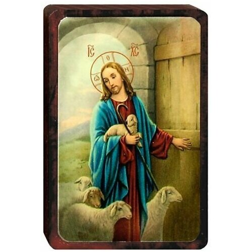 Икона на деревянной основе Иисуса Христа Пастырь Добрый с овечками (6*4*1 см). икона на деревянной основе иисуса христа туринская плащаница 9 6 1 см