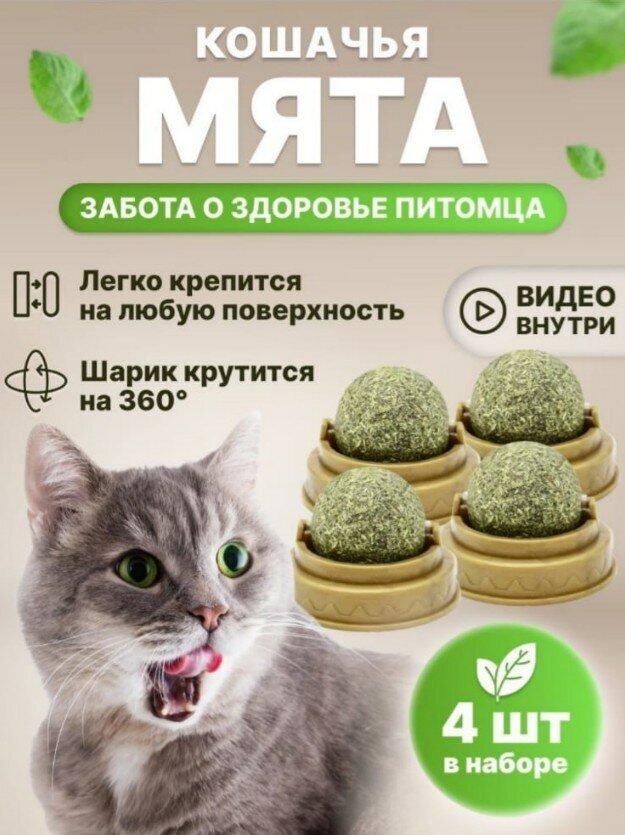 Набор из 4 шт лакомство для кошек, шар с кошачьей мятой и витаминами, леденец для котов, конфета для котят - фотография № 1