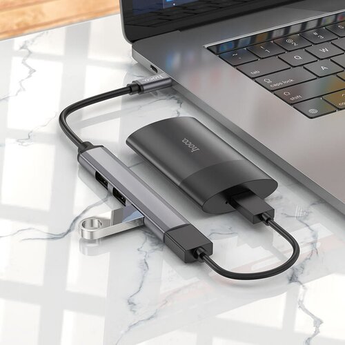 Хаб разветвитель Type C на USB 3.0 и 3 x USB 2.0 Hoco HB26 для MacBook Apple для ноутбука серый