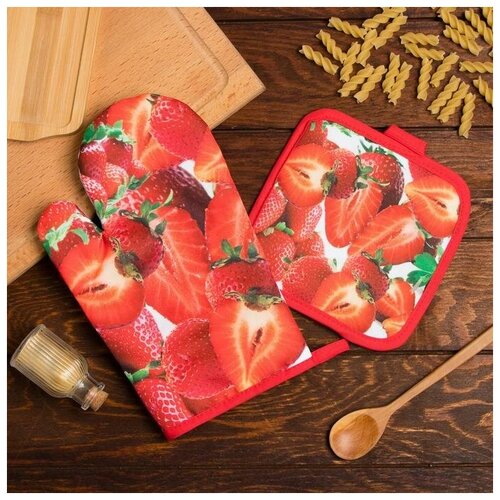 фото Кух. набор 2 пр. доляна "клубника", прих. 17*17 см, рукав. 26*16 см,100% п/э 5985612