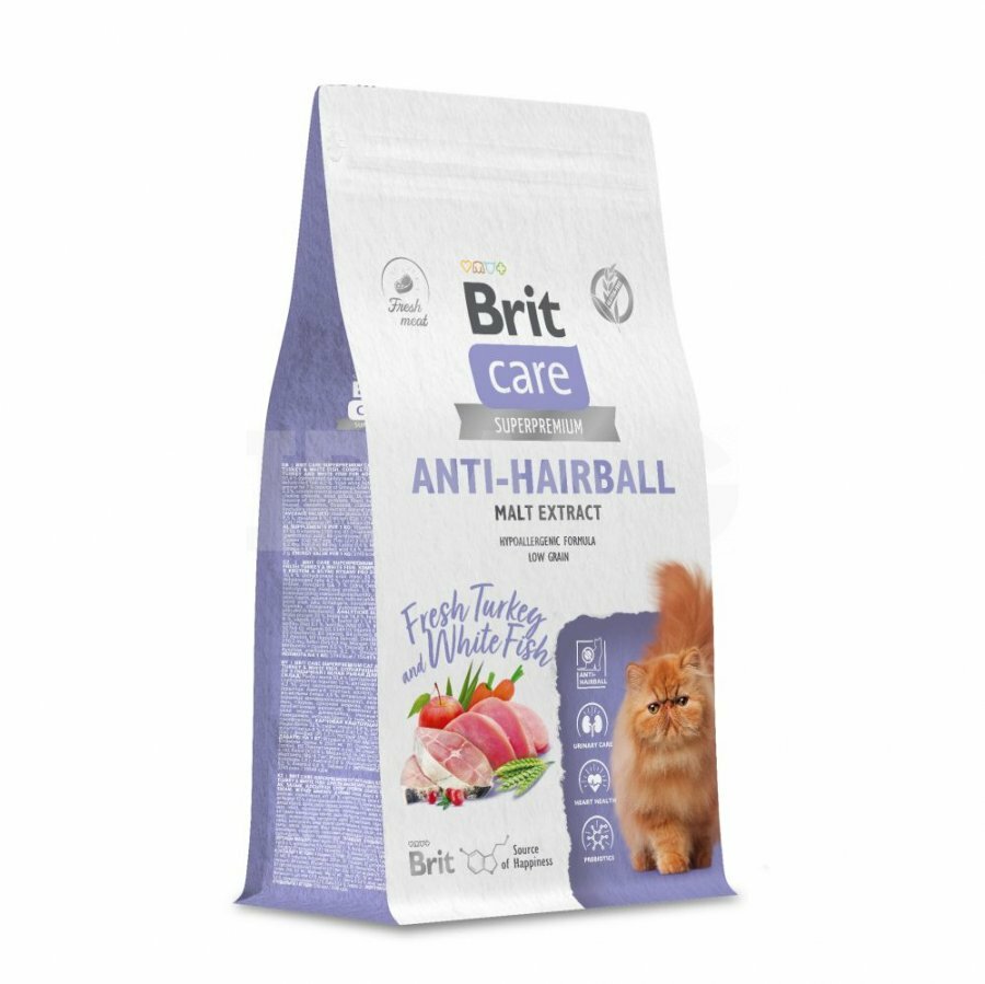 Сухой корм BRIT CARE супер-премиум с белой рыбой и индейкой для взрослых кошек "Cat Anti-Hairball" 0,4 кг