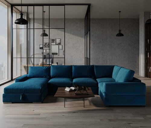 Изображение товара Угловой диван DiHall Ариети, велюр, синий, еврокнижка, 3 места, 85х205х365 см