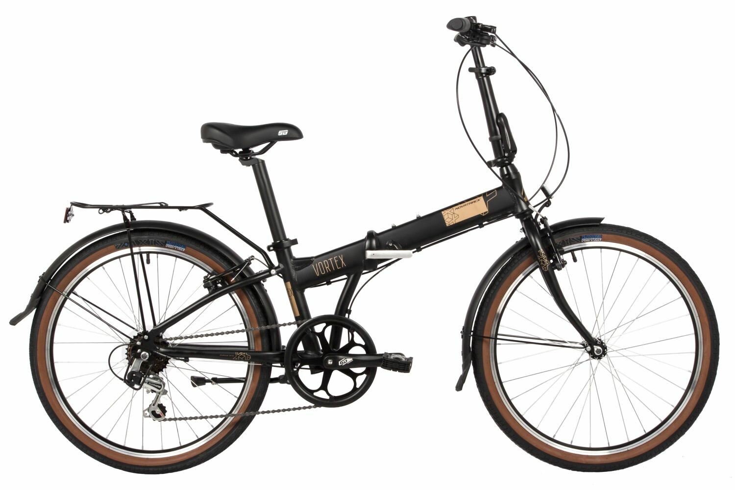 Велосипед Novatrack Vortex 6. V 24" (2024) (Велосипед NOVATRACK 24" VORTEX черный, складной алюм. Shimano 6 speed, стальная вилка, вынос, алюм. р)