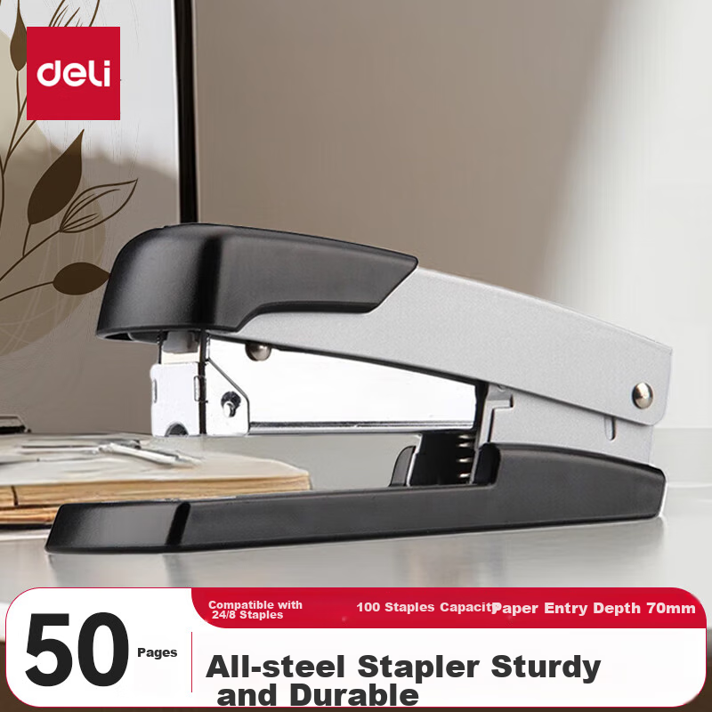 Deli Lightweight Heavy-Duty Stapler Metal Construction 50-Sheet Capacity Silver 0416