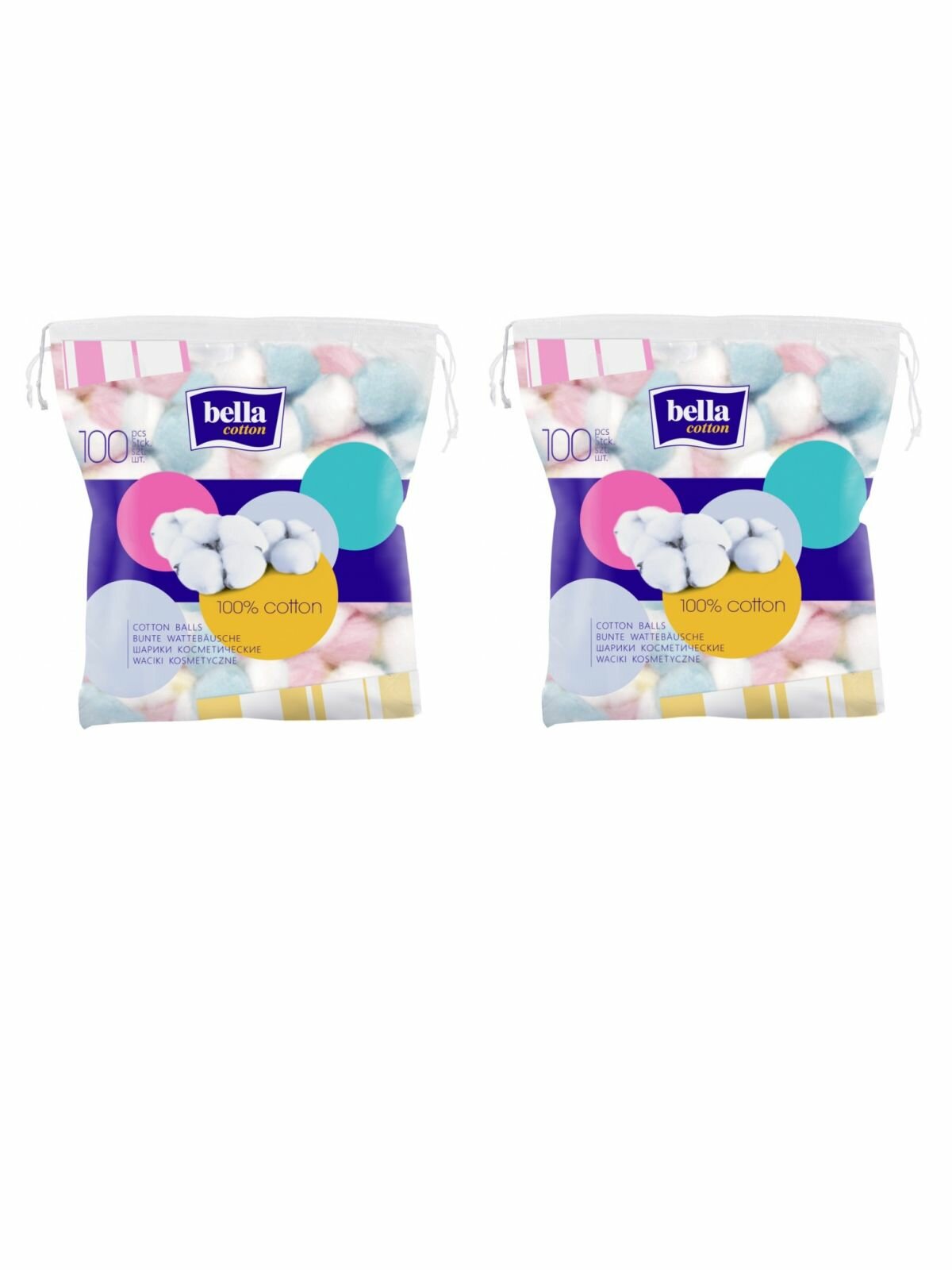 Bella Cotton Шарики ватные косметические цветные 100 шт 2 уп