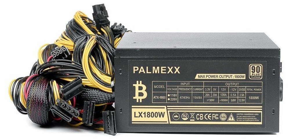 Блок питания PALMEXX ATX 1800W 90PLUS Platinum ATX-1800 8xSATA, 6xmolex, 24pin, 1x(4+4)pin, 16x(6+2)