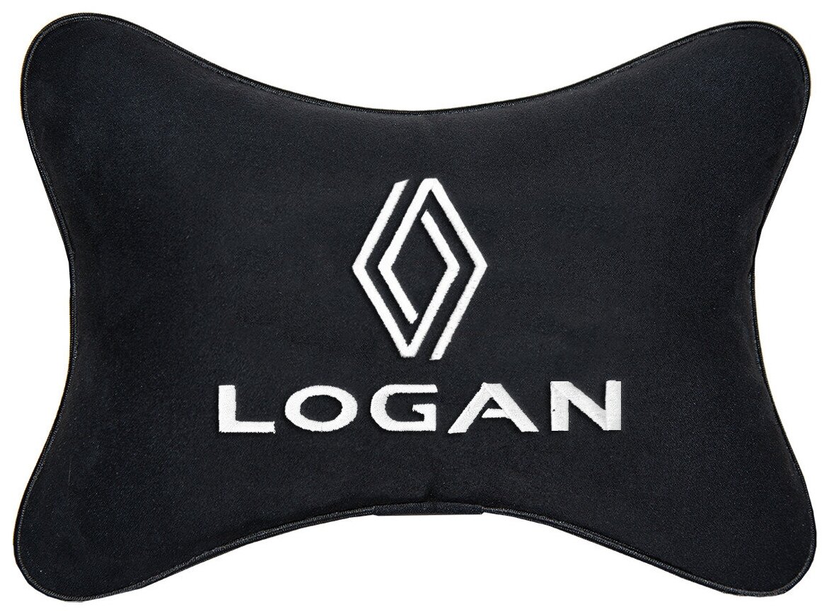 Автомобильная подушка на подголовник алькантара Black с логотипом автомобиля RENAULT LOGAN
