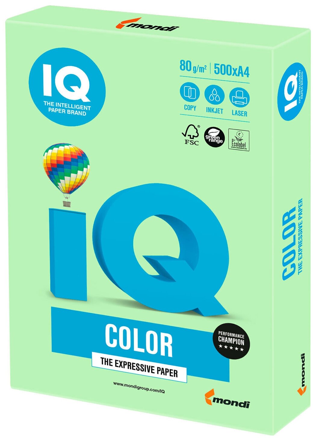 Бумага цветная IQ Сolor A4, 80 г/м2, 500 л., пастель, зеленая