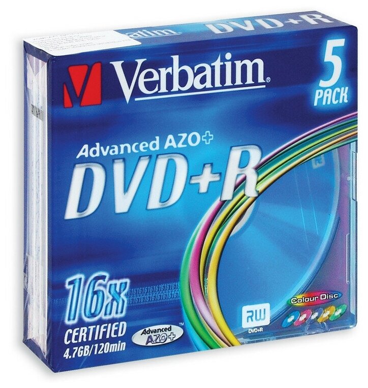 Носители информации DVD+R, 16x, Verbatim Colour, Slim/5, 43556