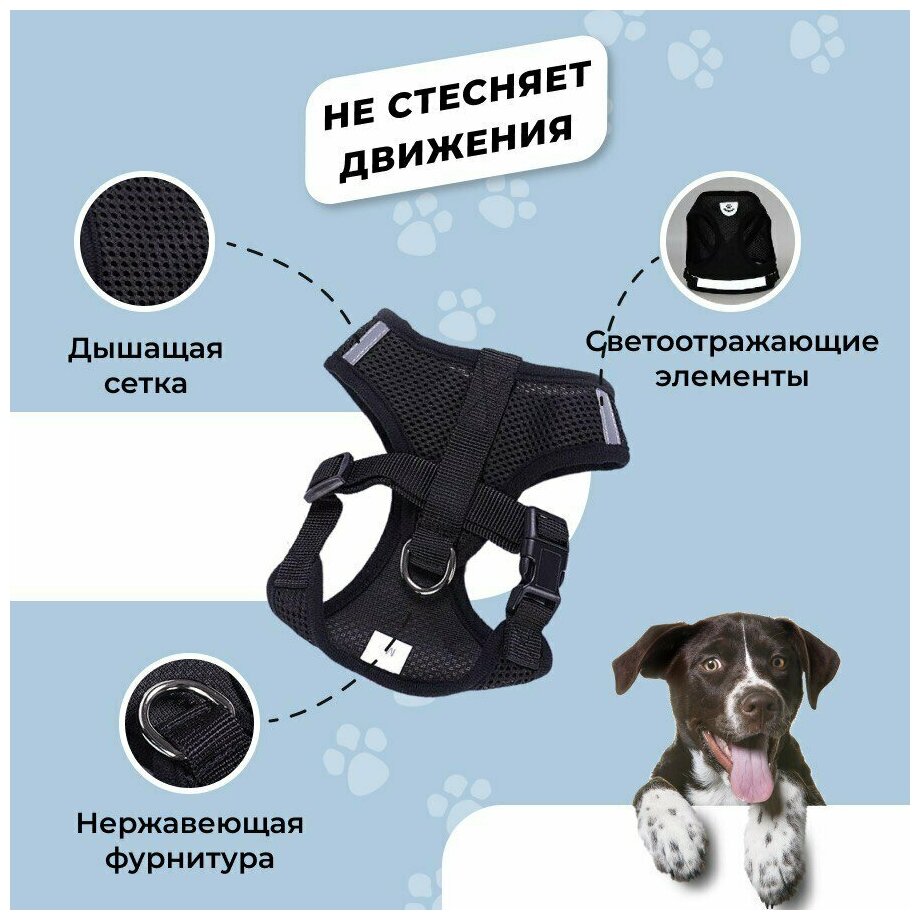 Шлейка прогулочная повседневная для собак и кошек с проводком, амуниция для прогулки, черная, размер S - фотография № 2