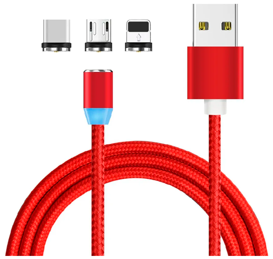 Магнитный USB-кабель для зарядки телефона 3в1 с 3-мя разъемами. Провод с Type-C, Micro-USB и Lightning, красный шнур