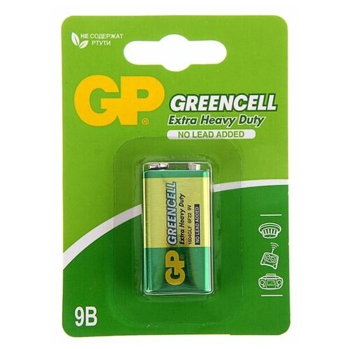 Батарейка солевая GP Greencell Extra Heavy Duty, 6F22-1BL, 9В, крона, блистер, 1 шт.