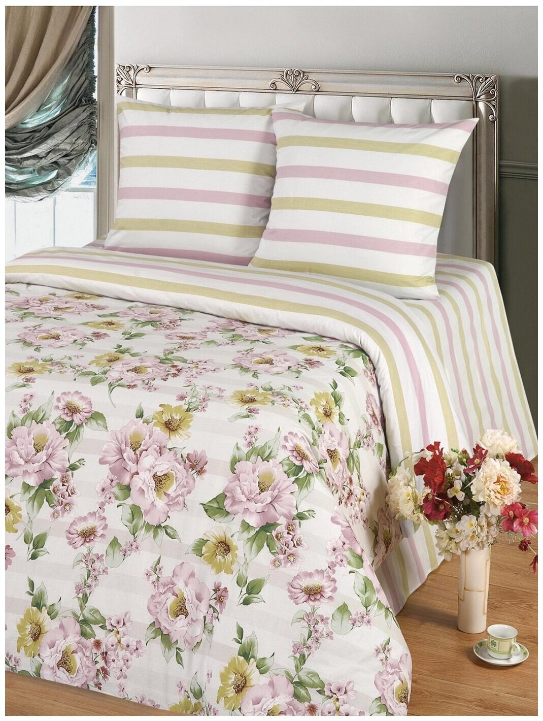 Постельное белье 1,5 спальное Mary Home Вивьен, поплин, пододеяльник на молнии, 2 наволочки 70х70, розово-белое