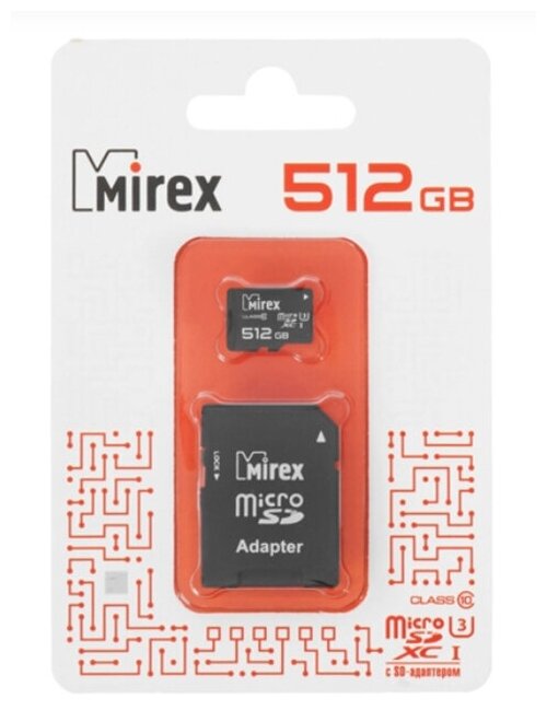 Карта памяти 512GB Mirex MicroSDXC Class 10 UHS-I, U3 + SD адаптер - фото №1