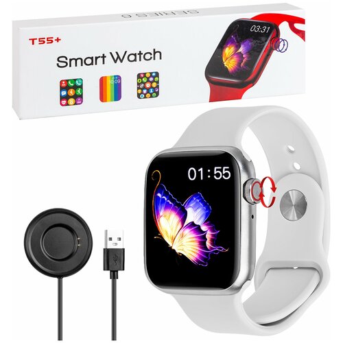 Умные часы Smart watch T55+ черный / Смарт-часы T55+ с полноразмерным экраном и активным колесиком, 44 мм