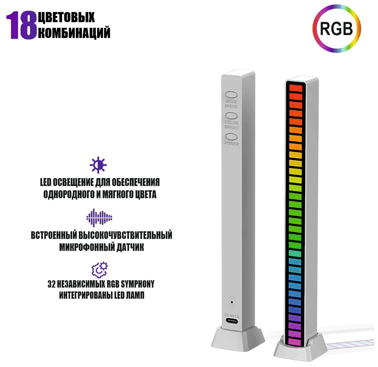 Светодиодная подсветка RGB D08 эквалайзер для музыки, белый