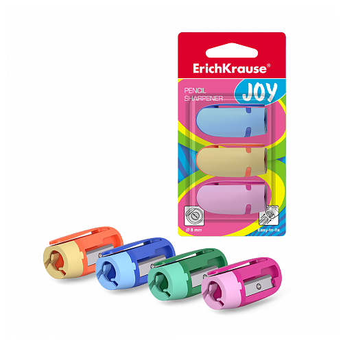 Точилка 1 отверстие ErichKrause Joy, 3 штуки, в блистере, микс